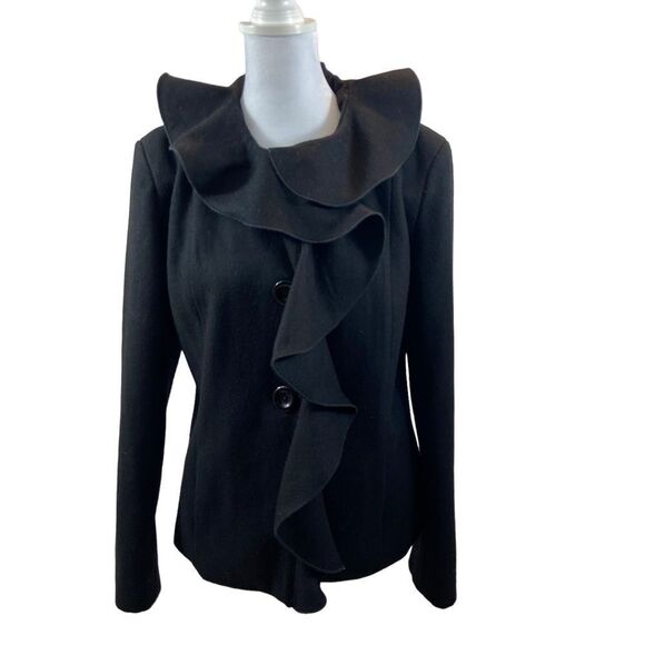 Dale Dressin Brand Black Wool Blend Ruffle Front Jacket Size Medium